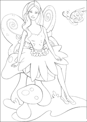 Fairy Barbie Is Sitting On A Mushroom Coloring Page